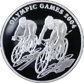 Серебряная монета. Казахстан. Велосипедисты. Олимпийские игры 2004 года